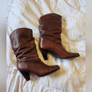 Women's HUSH PUPPIES Brown Leather Mid-Calf Heeled Boots